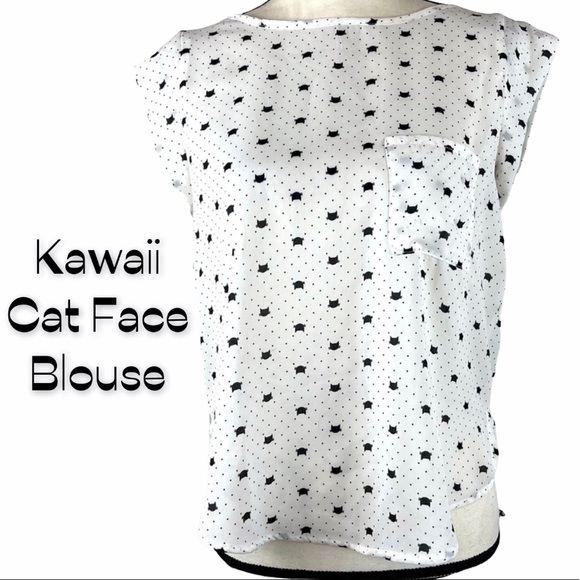 Iris Cat Face Print Cap Sleeve Blouse Kawaii Size S - Picture 1 of 10